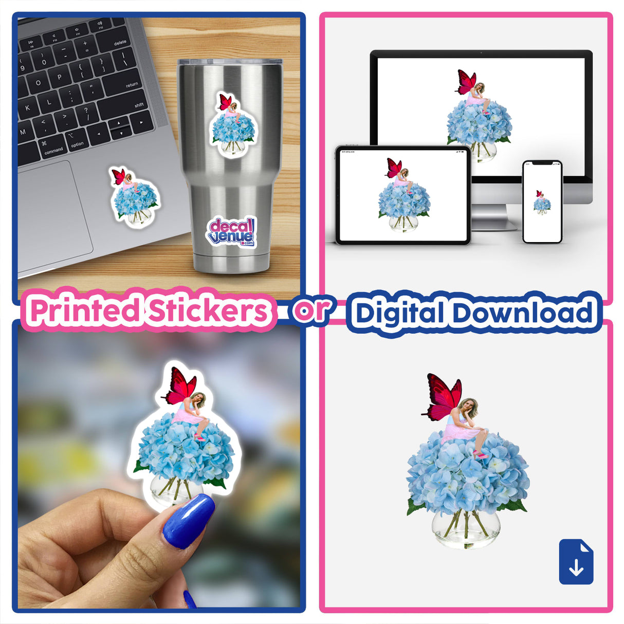 Fairy on Blue Hydrangeas - Beautiful digital artwork featuring a whimsical fairy among vibrant blue hydrangea flowers, available as printed stickers or digital downloads.