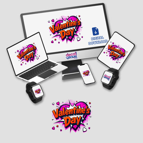 Valentine's Day Love Heart digital artwork featuring a computer monitor, laptop, phone, and smartwatch, highlighting a comic book style with hearts and arrows, ideal for stickers or digital art.