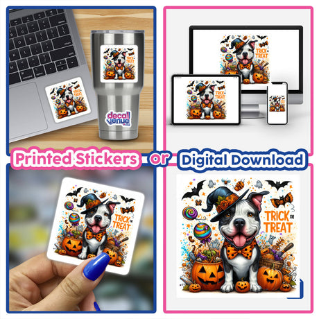 Collage of a Trick or Treat Eye Patch Pitbull Dog sticker on a laptop, featuring a cartoon dog in a hat and bow tie.