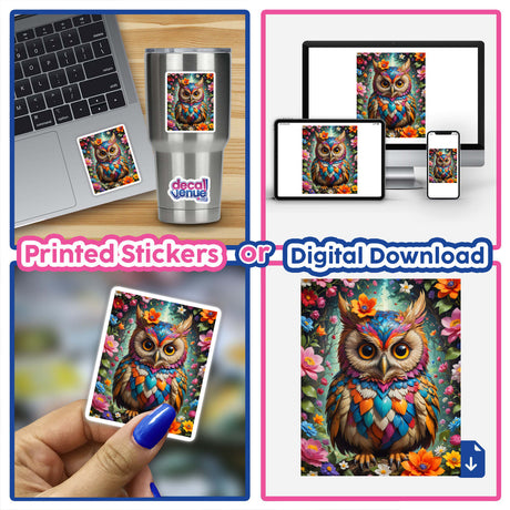 A collage featuring A Lovely Owl With Blooming Flowers sticker on a laptop, highlighting a colorful owl adorned with flowers, available as vinyl stickers or digital artwork.