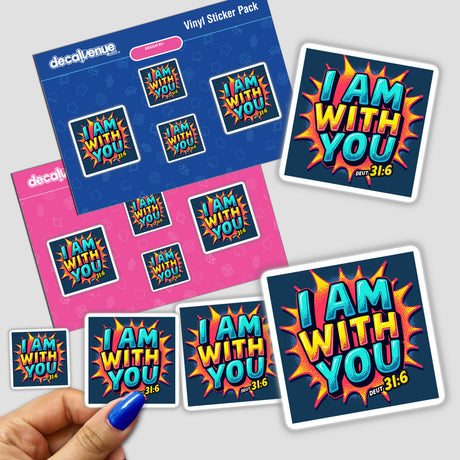 Hand holding I Am with You Christian Sticker featuring Deuteronomy 31:6 Bible verse, available as a sticker or digital clipart, highlighting unique design elements for personal or commercial use.