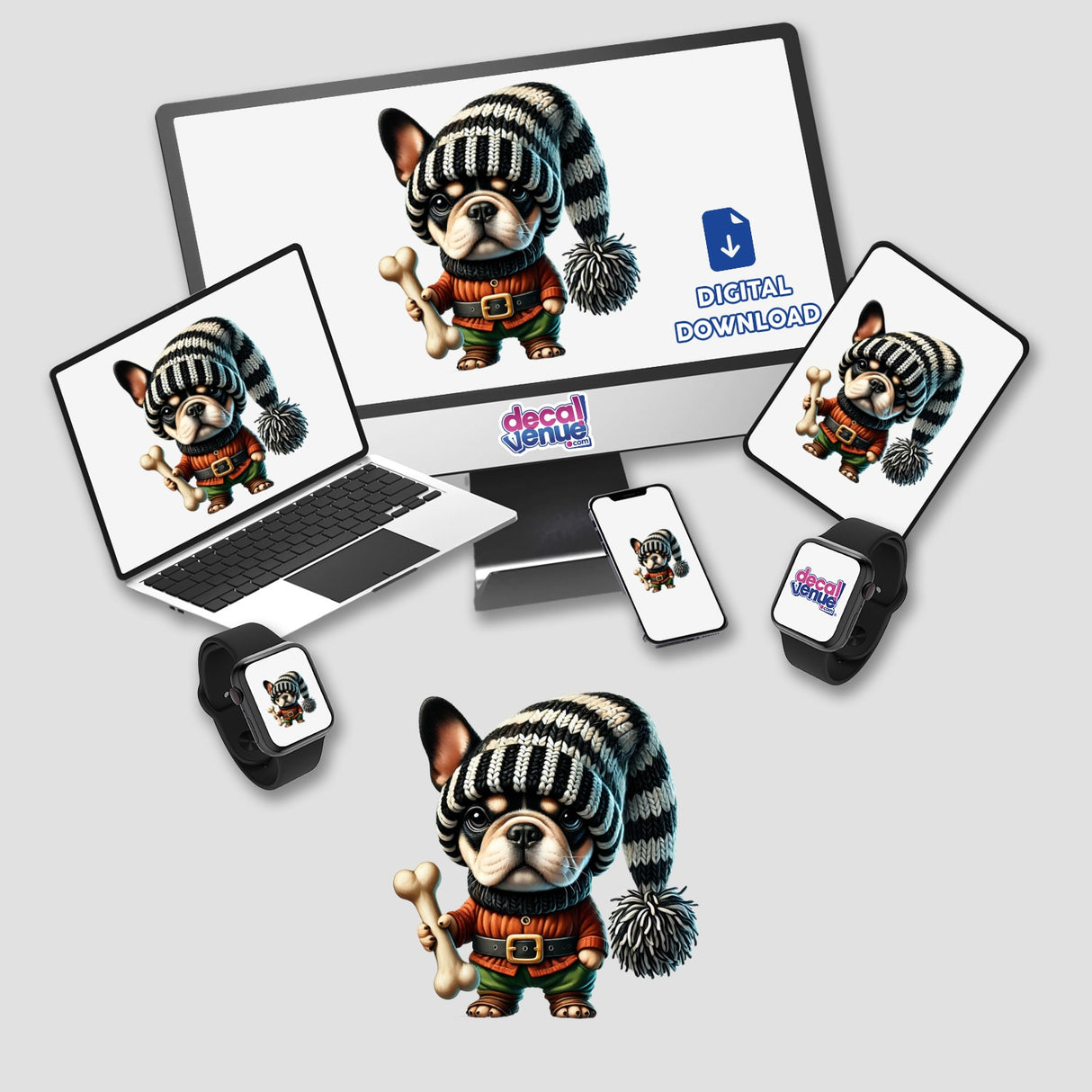 Cute French Bulldog gnome with winter hat and bone in digital artwork across devices