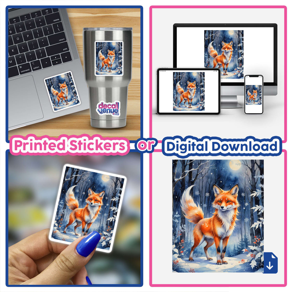 Collage featuring the product A Red Fox In A Winter Forest as stickers or digital artwork, with a fox painting, laptop sticker, and a silver mug displaying a fox design.