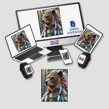 Native American Warrior Bear digital artwork displayed on a computer monitor and laptop, featuring a bear in a feather headdress. Available as stickers or digital art at Decal Venue.