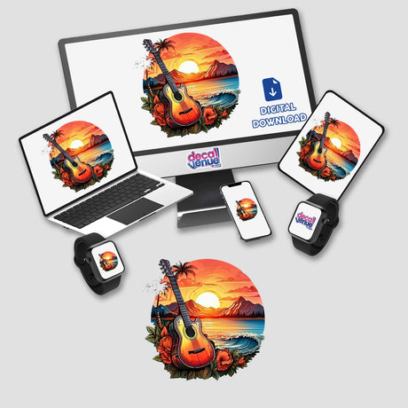 Colorful digital artwork featuring a guitar, palm trees, and a sunset landscape displayed on various digital devices.