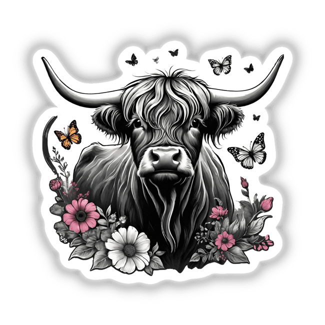 Highland Cow Floral Accents PA02: A charming illustration of a horned cow adorned with flowers, available as stickers or digital artwork.