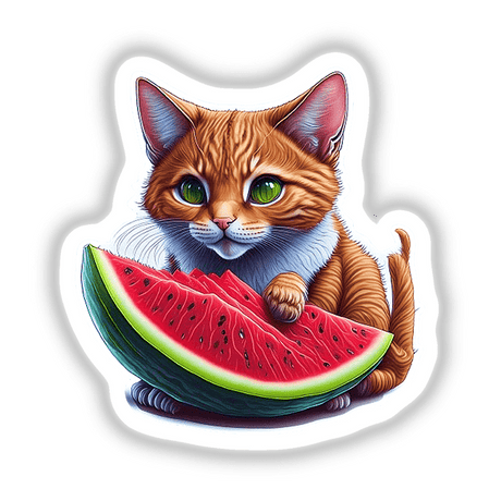 Vibrant orange tabby cat surrounded by a colorful slice of watermelon, digital artwork sticker