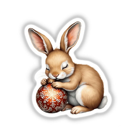 Rabbit Sleeping on Christmas Ornament design, showcasing a cartoon bunny gently cradling a festive ornament, available as stickers or digital artwork from Decal Venue's unique collection.