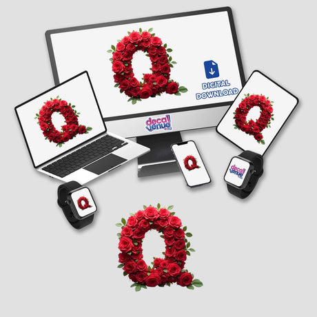 Elegant Floral Letter Q Clipart - Downloadable Sticker with Commercial Rights featuring a computer monitor and laptop displaying a floral letter Q design.