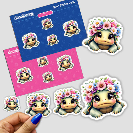 Adorable Turtle with a Spring Flower Crown sticker pack, featuring cartoon turtles adorned with floral crowns. Available as stickers or digital artwork from Decal Venue, known for unique sticker designs.