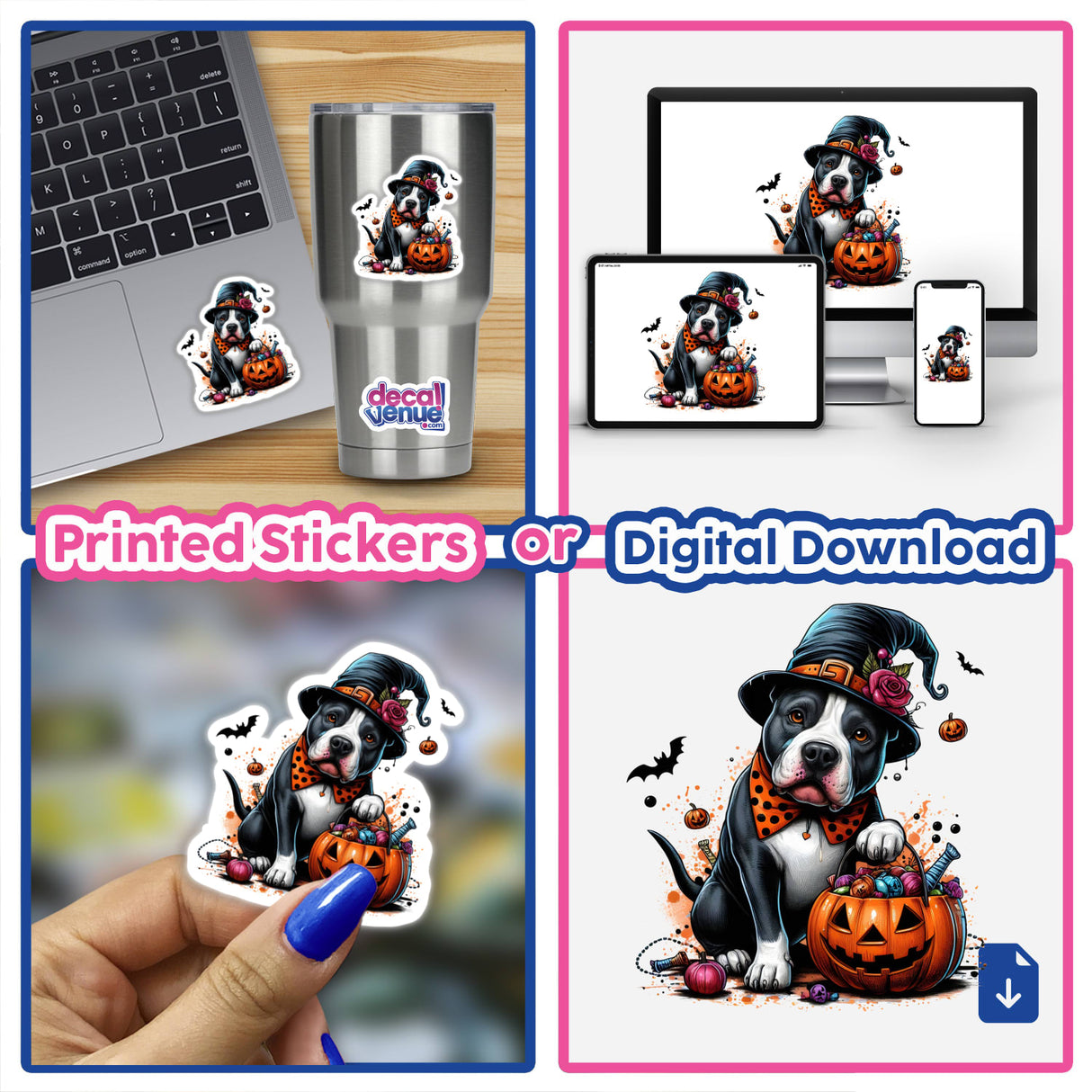 Cute Halloween Pitbull Dog sticker featuring a dog with a hat and bow tie, holding a pumpkin basket. Ideal for laptops or as digital artwork from Decal Venue's unique collection.