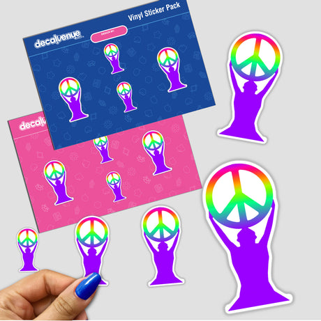 Peace Sign sticker depicting a person holding a rainbow-colored peace sign, available as both stickers and digital artwork from Decal Venue, known for unique stickers and digital art.