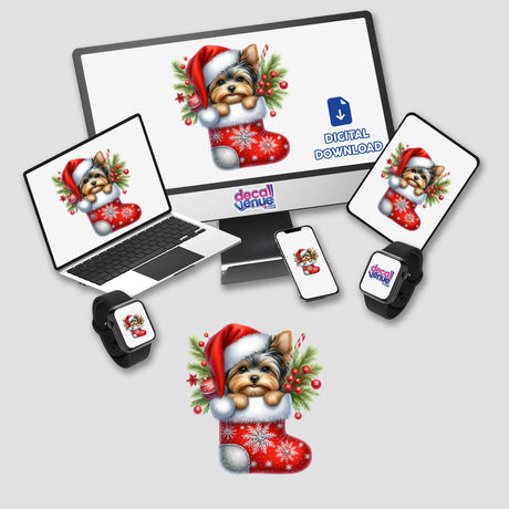 Yorkie Dog in Snowflake Christmas Stocking displayed on a laptop and monitor, featuring festive imagery available as stickers or digital artwork from Decal Venue.