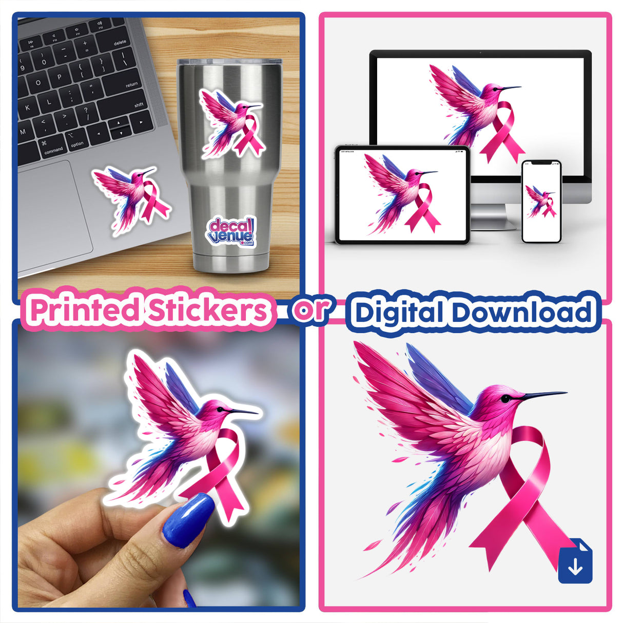 Hummingbird Pink Ribbon Breast Cancer Awareness sticker featuring a pink and blue bird with a pink ribbon, available as stickers or digital artwork.