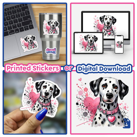 Dalmatian Dog Pink Heart Splatter sticker collage, featuring a dog with a pink collar and a sticker on a laptop, highlighting Decal Venue's unique sticker and digital art offerings.