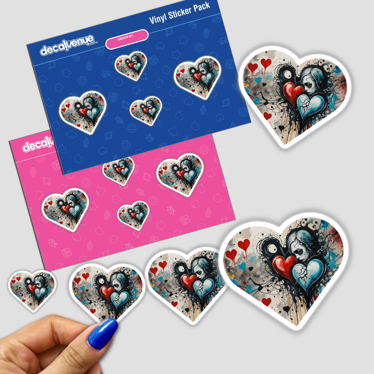 Heart Shaped Abstract Love stickers featuring hearts and a hand holding hearts, available as stickers or digital artwork. Close-up details highlight the intricate design elements.