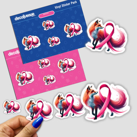 Fox Pink Ribbon Breast Cancer stickers featuring a cartoon fox with pink ribbons, available as stickers or digital artwork.