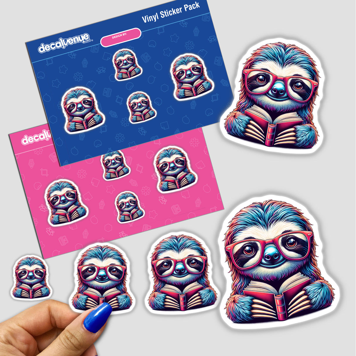 Sticker featuring a cartoon sloth with reading glasses holding an open book, designed as part of Decal Venue's unique vinyl sticker collection.