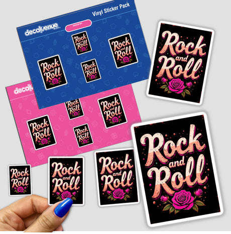 Hand holding the Rock And Roll Roses sticker pack, showcasing intricate graphic design, available as both stickers and digital artwork from Decal Venue.