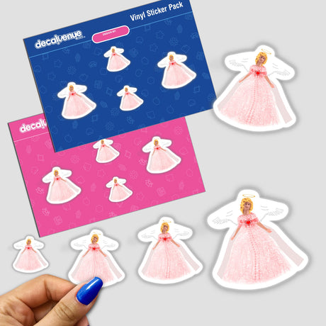 Pink Angel sticker featuring a cartoon woman in a pink dress, held by a hand, alongside various other stickers and artwork. Available as stickers or digital artwork.