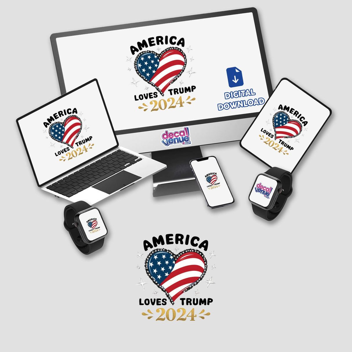 Patriotic digital artwork featuring the American flag, "America Loves Trump 2024" text, and various device mockups showcasing the design.