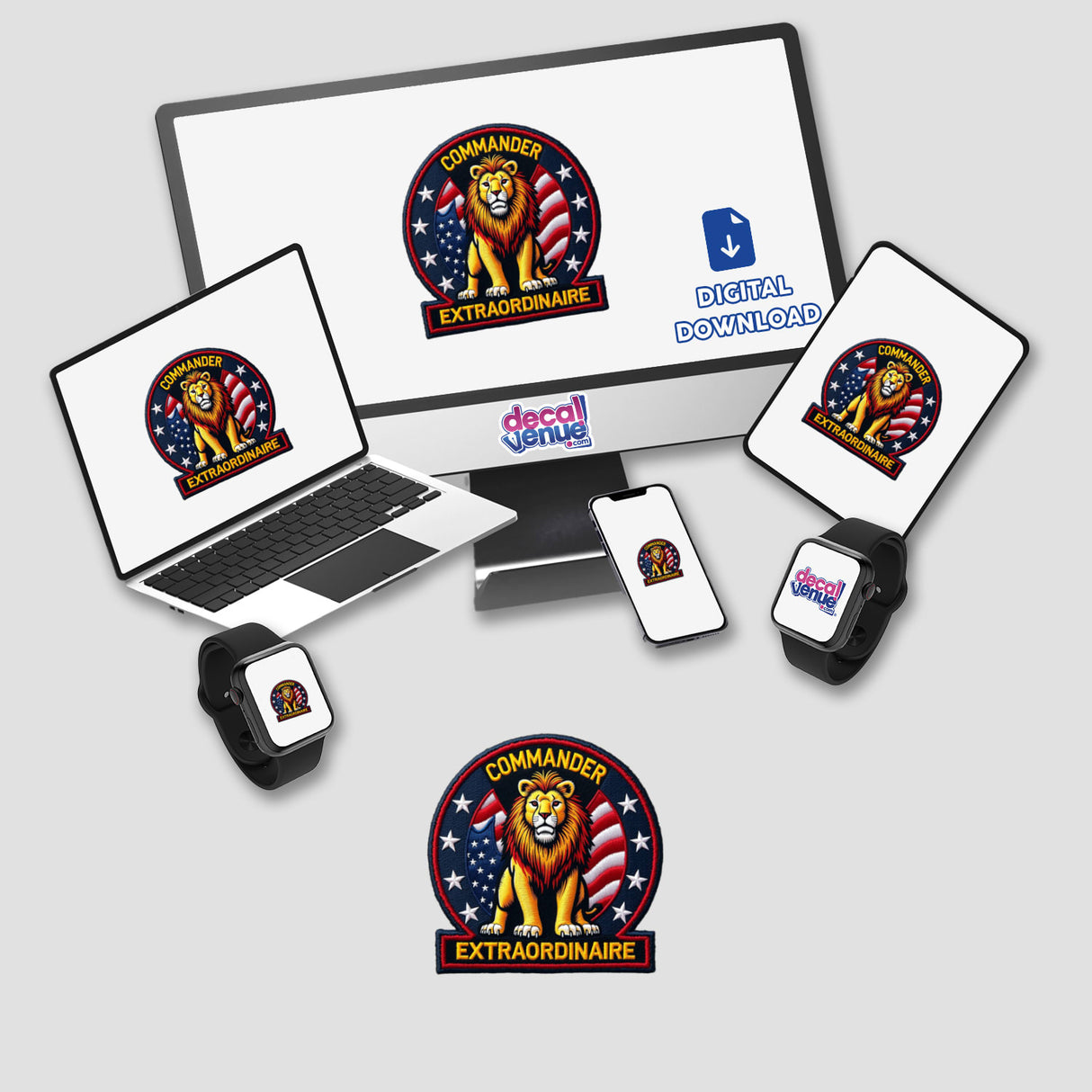 COMMANDER EXTRAORDINAIRE sticker or digital artwork featuring a lion logo with stars and stripes, displayed on a computer monitor and laptop.