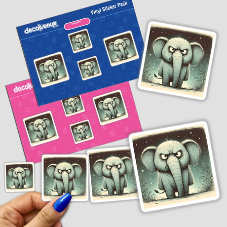 Grumpy elephant stickers featuring cartoon elephants with elongated trunks, available as physical stickers or digital artwork.