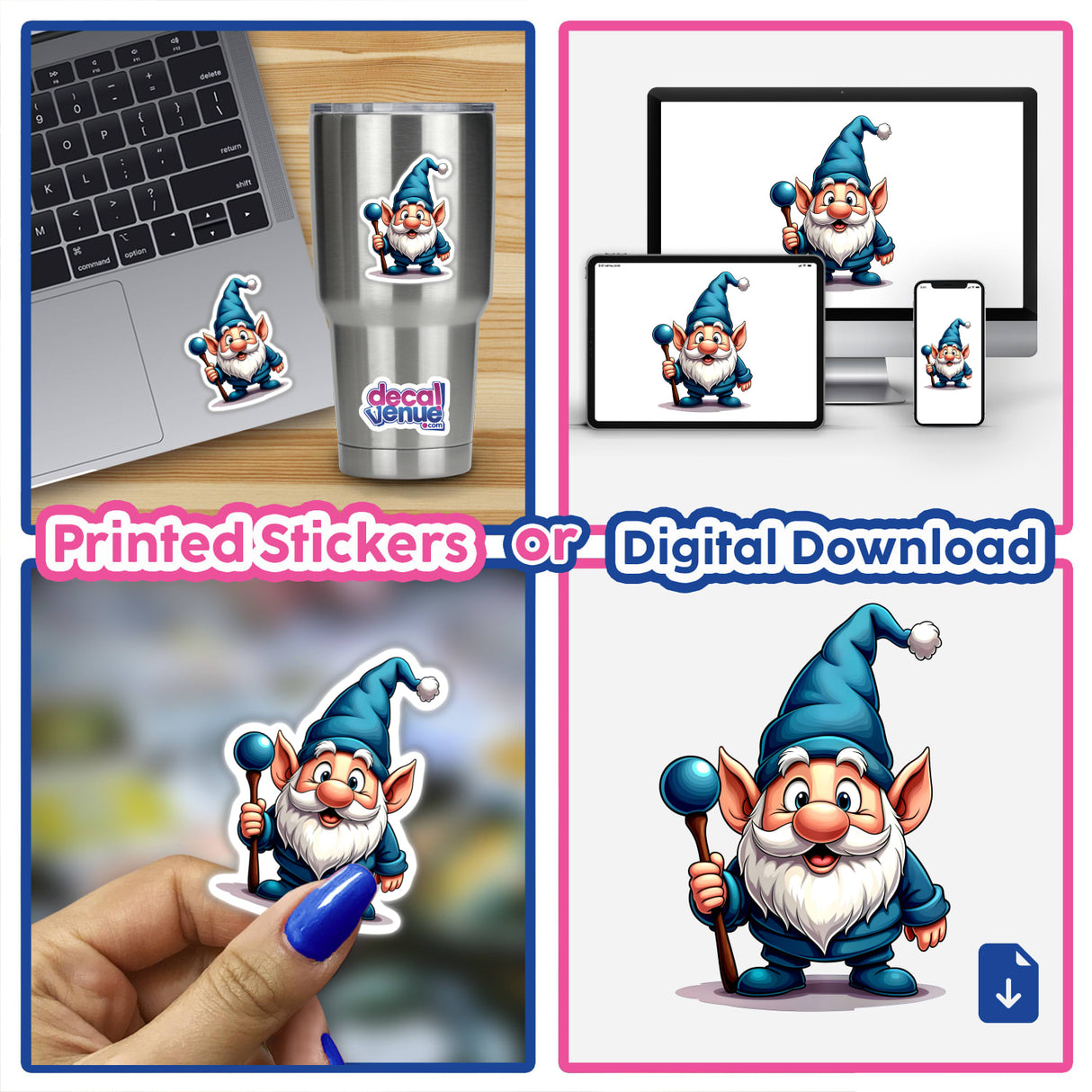 Funny Magical Gnome digital art featuring a cartoon gnome holding a staff, available as stickers or digital artwork.