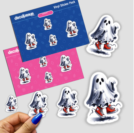 Halloween Dancing Sneakers Ghost sticker featuring a cartoon ghost with red shoes. Close-up shows detailed design on a surface, highlighting its playful and unique decal appeal from Decal Venue.