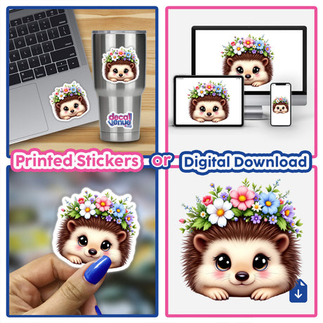 Sweet Hedgehog with a Flower Crown sticker collage featuring cartoon hedgehogs adorned with flowers. Includes stickers on a laptop, cup, and digital download, showcasing Decal Venue's unique art collection.