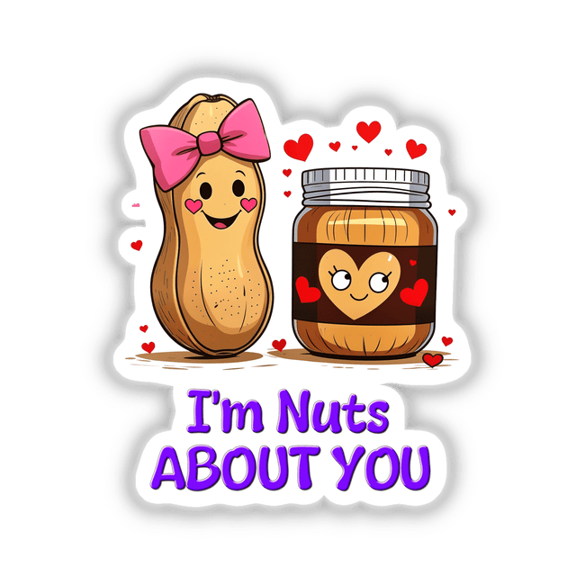 Cartoon of a peanut and a heart-emblazoned jar, titled I'm Nuts About You, available as stickers or digital artwork, representing Decal Venue's unique and playful offerings.