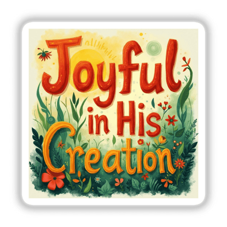 Joyful in His Creation - Genesis 1:31 Christian Sticker featuring colorful typography and artistic design, available as inspirational Bible verse clipart. Perfect for unique stickers and digital art enthusiasts.