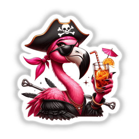 Flamingo Bird Pirate with Tropical Drink II - Vibrant digital artwork of a stylish flamingo pirate holding a tropical cocktail, available as stickers or digital downloads.