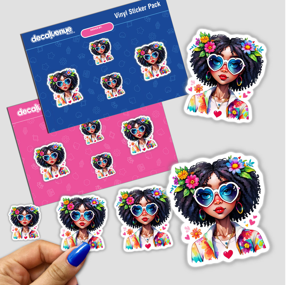 Afro Hippie Chick: Sticker with Heart-Shaped Glasses featuring a cartoon woman with flowers in her hair, part of a unique sticker pack.