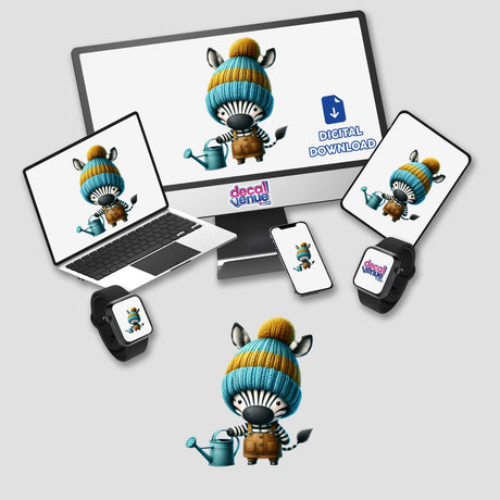 Colorful digital artwork of a zebra gnome holding a watering can, displayed on various electronic devices including a laptop, smartphone, and smartwatch. The product is available for digital download from the DecalVenue store, which offers unique stickers and digital art created by talented designers.