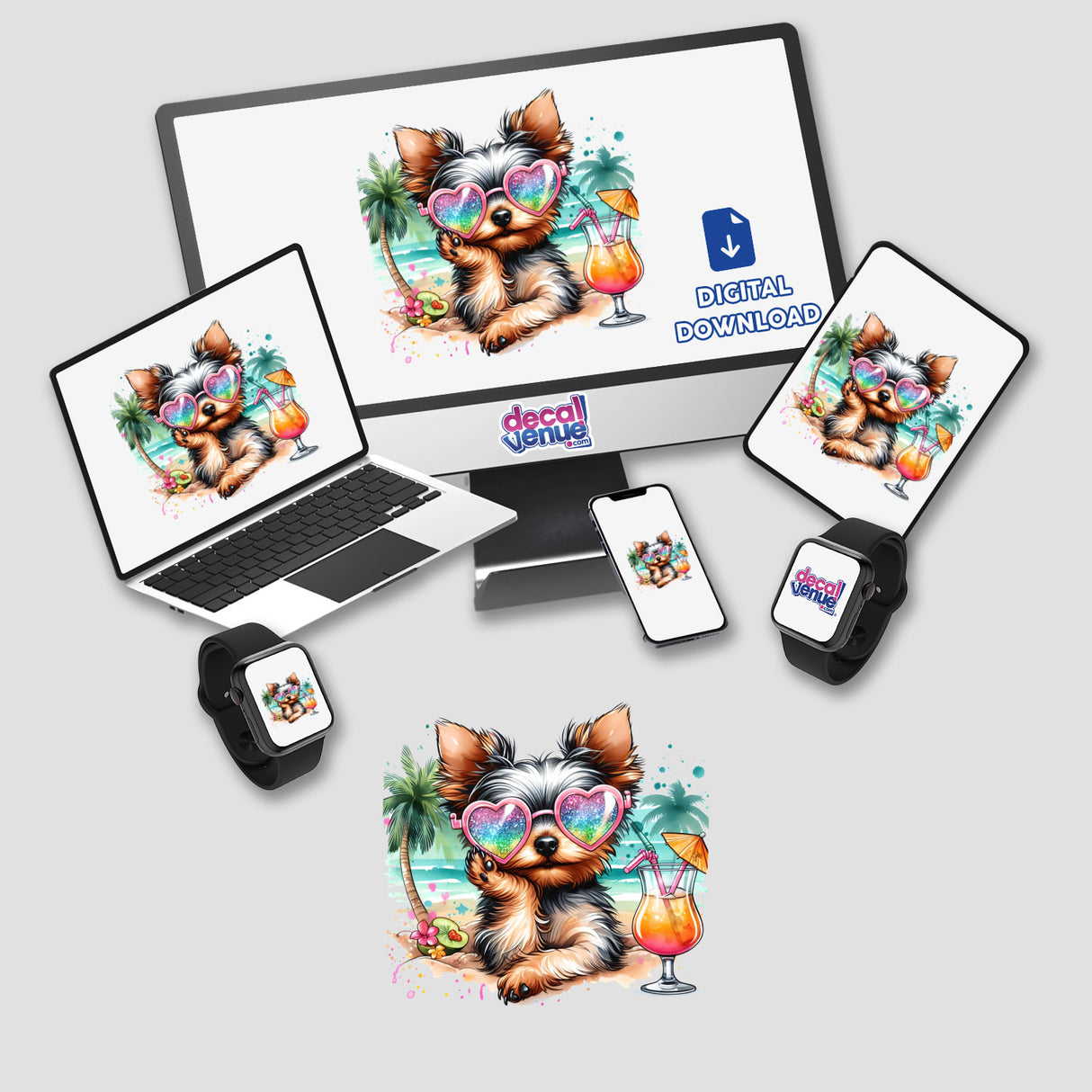 Cute Yorkshire terrier dog wearing sunglasses, surrounded by tropical elements including palm trees, cocktail, and colorful artwork on various digital devices from Decal Venue store.