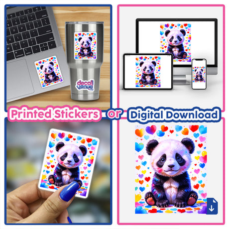 Collage featuring a Cute Panda Bear With Love Hearts design. The image shows the sticker applied on a laptop and held in hand, highlighting its versatility as both stickers and digital artwork.