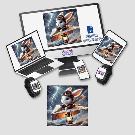 Snowflake, The Paper Aviator, depicted as a cartoon rabbit in a pilot hat flying a paper plane on a laptop screen, available as stickers or digital artwork from Decal Venue.