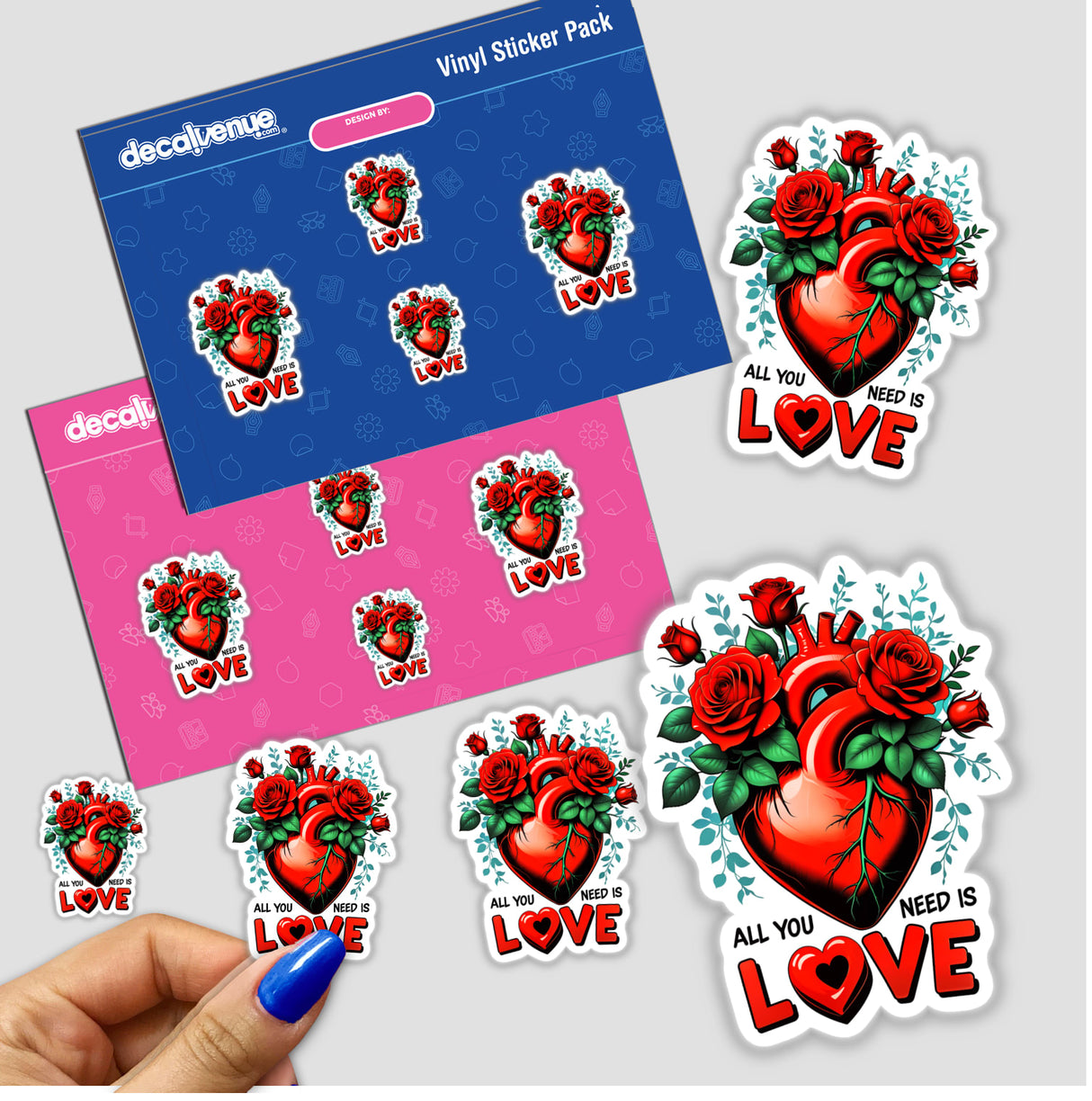 All You Need Is Love stickers featuring hearts with roses, perfect for adding a romantic touch. Available as stickers or digital artwork, showcasing intricate floral designs.