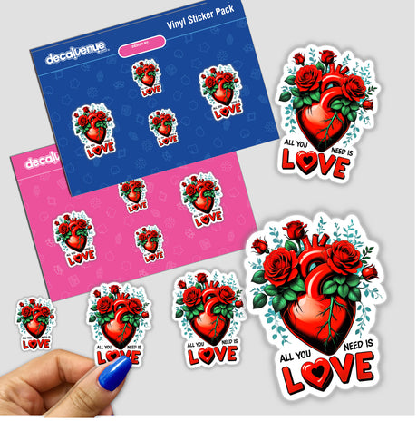 All You Need Is Love stickers featuring hearts with roses, perfect for adding a romantic touch. Available as stickers or digital artwork, showcasing intricate floral designs.