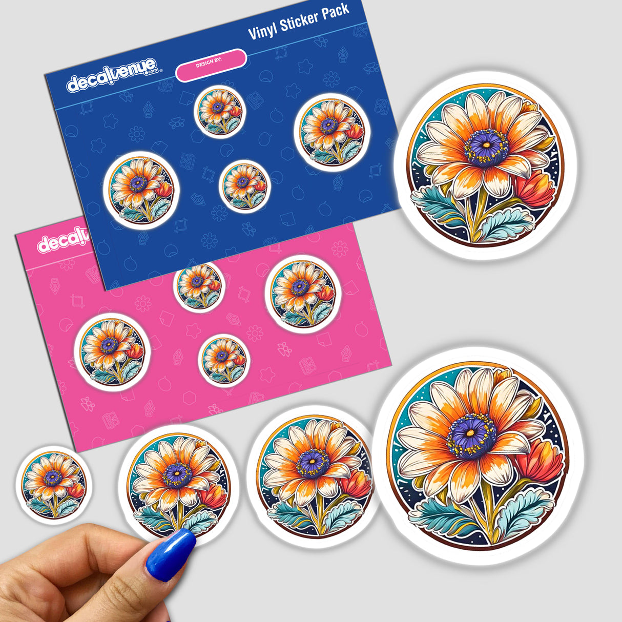 Vibrant digital artwork of colorful daisy flowers in circular designs, displayed as stickers on a packaging sheet for Decal Venue, an online store featuring unique stickers and digital art created by talented designers.