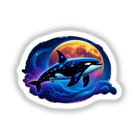 A Cute Magical Orca floating in space, surrounded by stars and a moon, available as stickers or digital artwork from Decal Venue.