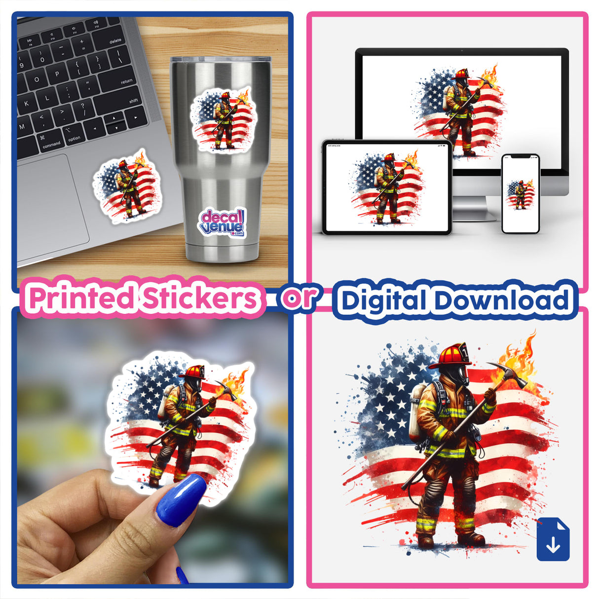 Collage featuring American Firefighter Rescue stickers, showcasing a firefighter with hose and axe, alongside a laptop adorned with a fireman sticker. Available as stickers or digital artwork.