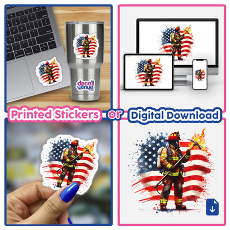 Collage featuring American Firefighter Rescue stickers, showcasing a firefighter with hose and axe, alongside a laptop adorned with a fireman sticker. Available as stickers or digital artwork.