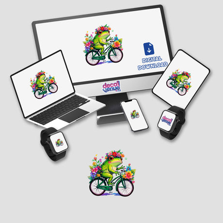 Froggy Adventures: Rainbow Floral Bicycle Sticker featuring a cartoon frog riding a bicycle adorned with flowers, displayed on various devices including a computer monitor, laptop, phone, and smartwatch.