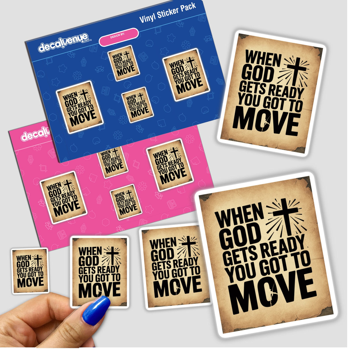 Hand holding the When God Gets Ready, You Got to Move Gospel Typography Sticker or Clipart, showcasing unique design elements available as stickers or digital artwork with commercial rights.