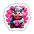 A Cute Pygmy Hippo With Love Hearts cartoon illustration featuring a hippo holding a heart, available as stickers or digital artwork from Decal Venue, specializing in unique vinyl designs.