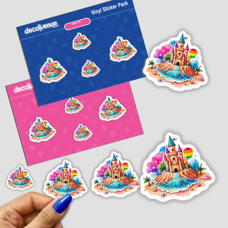 Sandy Dreams: Cute Sandcastle Watercolor sticker pack featuring various sandcastle-themed stickers, including a cartoon castle on a beach and a close-up of a fingernail with a castle sticker.