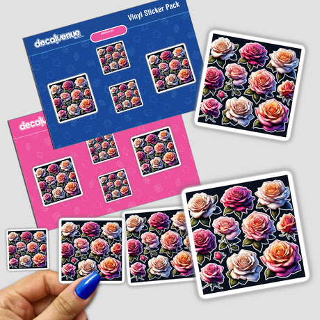 Beautiful Lush Roses sticker pack held in a hand, featuring a variety of floral designs including roses, available as stickers or digital artwork from Decal Venue, known for unique vinyl stickers and digital art.