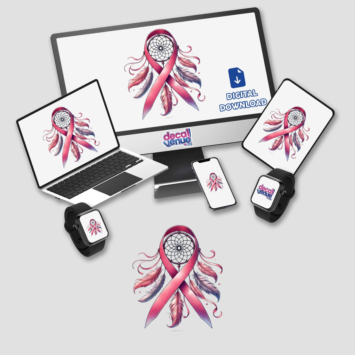 Dream Catcher Pink Ribbon Breast Cancer digital artwork featuring a laptop, monitor, and smartwatch with pink ribbons and feathers on their screens. Available as stickers or digital art.